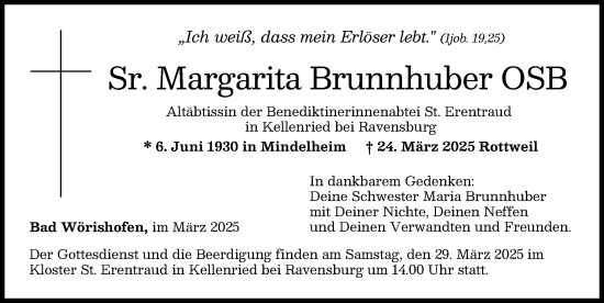 Traueranzeige von Margarita Brunnhuber von Mindelheimer Zeitung