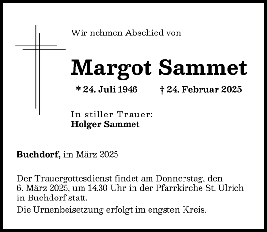 Traueranzeige von Margot Sammet von Donauwörther Zeitung