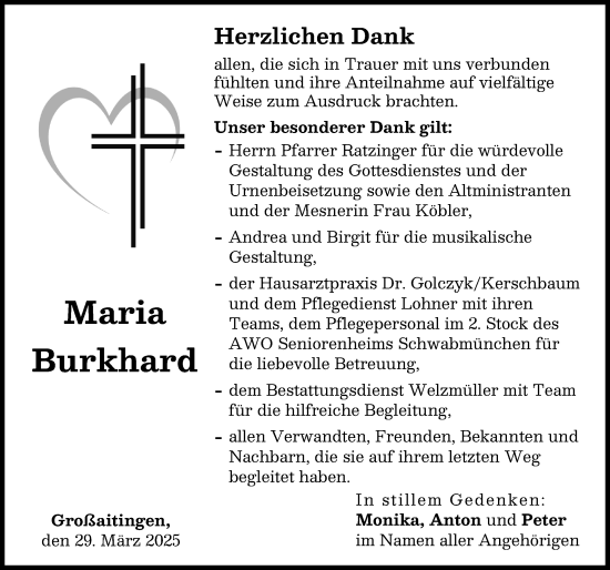 Traueranzeige von Maria Burkhard von Schwabmünchner Allgemeine