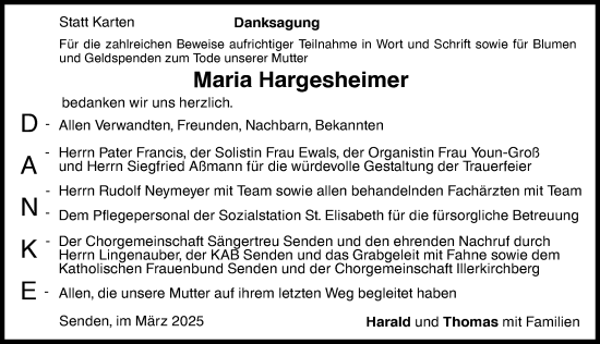 Traueranzeige von Maria Hargesheimer von Augsburger Allgemeine, Neu-Ulmer Zeitung