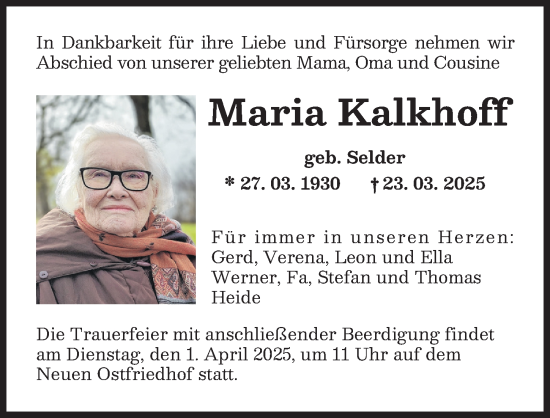 Traueranzeige von Maria Kalkhoff von Augsburger Allgemeine