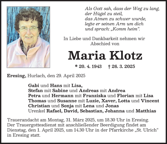 Traueranzeige von Maria Klotz von Landsberger Tagblatt