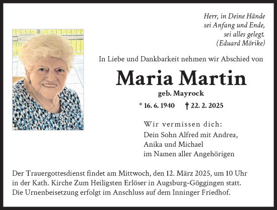 Traueranzeige von Maria Martin von Augsburger Allgemeine