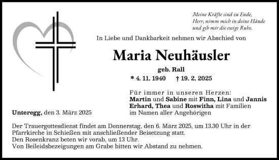 Traueranzeige von Maria Neuhäusler von Neu-Ulmer Zeitung