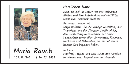 Traueranzeige von Maria Rauch von Donauwörther Zeitung