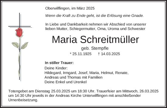 Traueranzeige von Maria Schreitmüller von Rieser Nachrichten