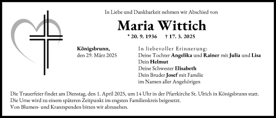Traueranzeige von Maria Wittich von Schwabmünchner Allgemeine