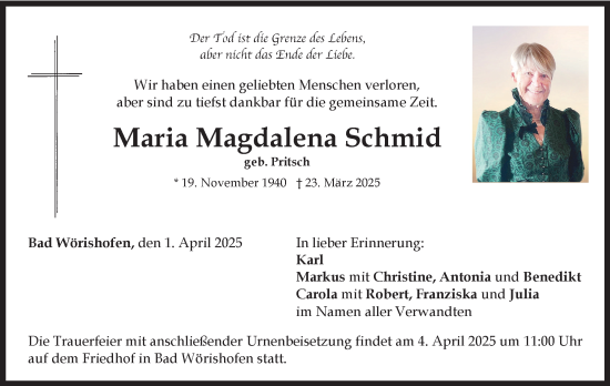 Traueranzeige von Maria Magdalena Schmid von Mindelheimer Zeitung
