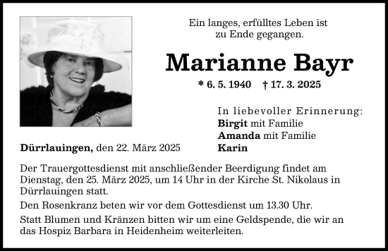 Traueranzeige von Marianne Bayr von Günzburger Zeitung