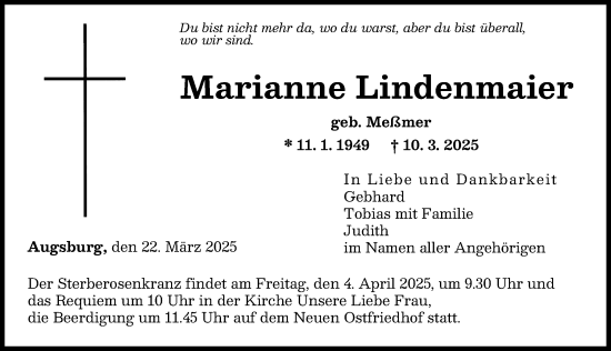 Traueranzeige von Marianne Lindenmaier von Augsburger Allgemeine