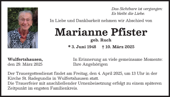 Traueranzeige von Marianne Pfister von Friedberger Allgemeine