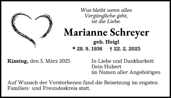 Traueranzeige von Marianne Schreyer von Friedberger Allgemeine, Augsburger Allgemeine