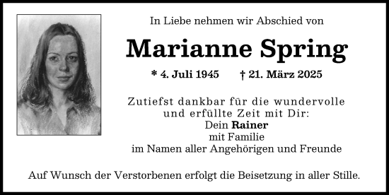 Traueranzeige von Marianne Spring von Landsberger Tagblatt