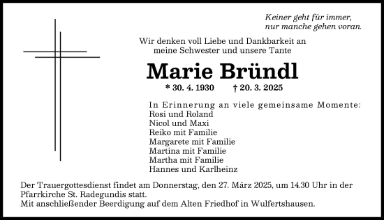 Traueranzeige von Marie Bründl von Friedberger Allgemeine, Augsburger Allgemeine