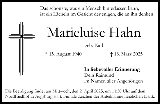 Traueranzeige von Marieluise Hahn von Augsburger Allgemeine