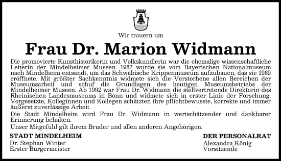 Traueranzeige von Marion Widmann von Mindelheimer Zeitung