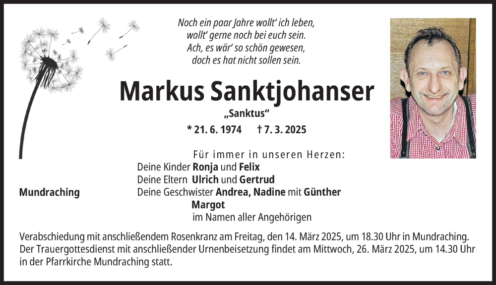  Traueranzeige für Markus Sanktjohanser vom 14.03.2025 aus Landsberger Tagblatt