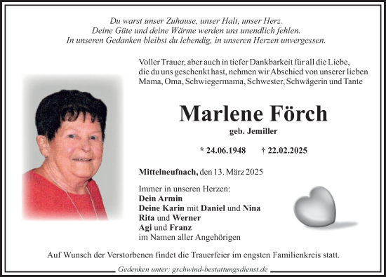 Traueranzeige von Marlene Förch von Schwabmünchner Allgemeine, Augsburg-Land