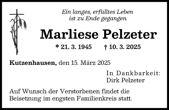 Traueranzeige von Marliese Pelzeter von Augsburger Allgemeine