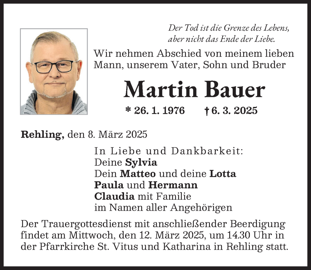  Traueranzeige für Martin Bauer vom 08.03.2025 aus Donauwörther Zeitung, Aichacher Nachrichten