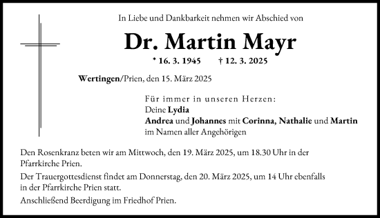 Traueranzeige von Martin Mayr von Wertinger Zeitung