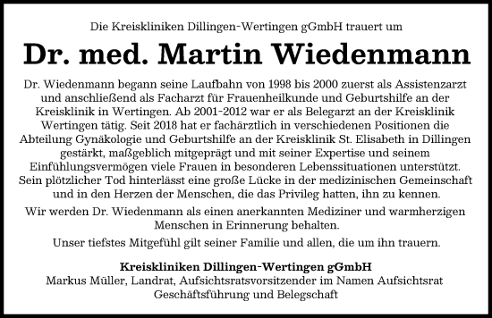 Traueranzeige von Martin Wiedenmann von Wertinger Zeitung, Donau Zeitung