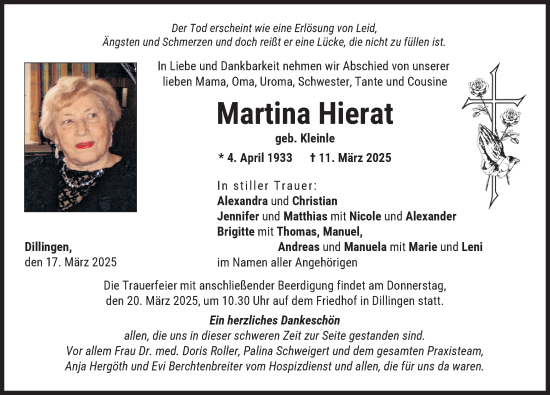 Traueranzeige von Martina Hierat von Donau Zeitung