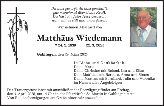 Traueranzeige von Matthäus Wiedemann von Augsburger Allgemeine