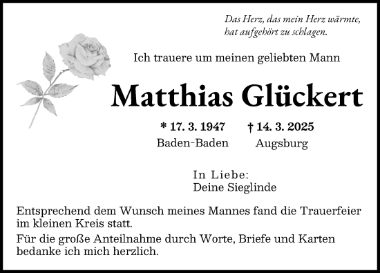 Traueranzeige von Matthias Glückert von Augsburger Allgemeine