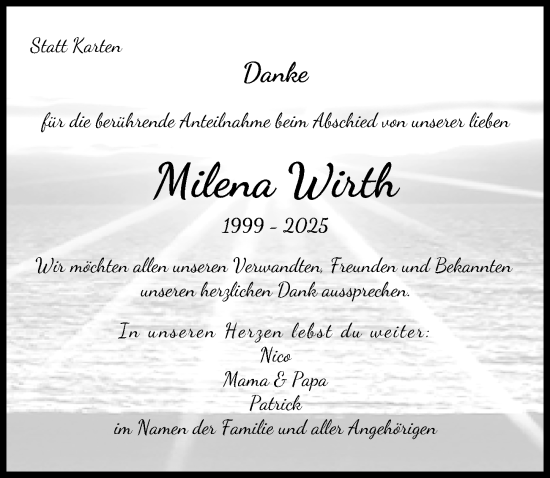 Traueranzeige von Milena Wirth von Günzburger Zeitung