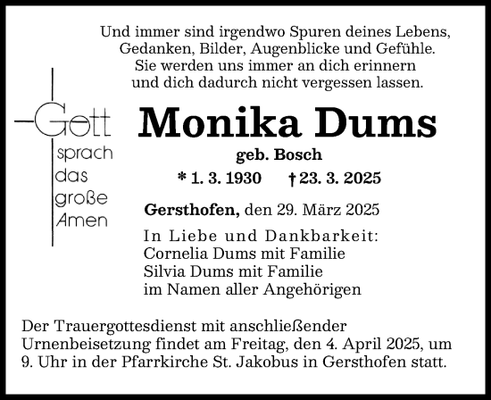 Traueranzeige von Monika Dums von Augsburger Allgemeine