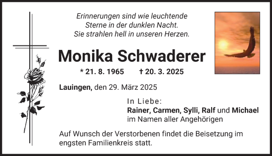 Traueranzeige von Monika Schwaderer von Donau Zeitung