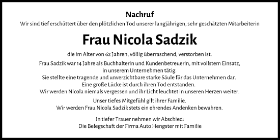 Traueranzeige von Nicola Sadzik von Friedberger Allgemeine, Aichacher Nachrichten