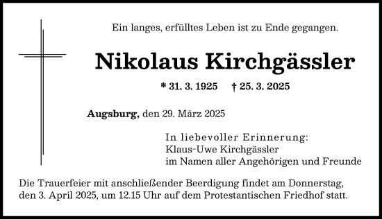 Traueranzeige von Nikolaus Kirchgässler von Augsburger Allgemeine