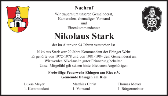 Traueranzeige von Nikolaus Stark von Rieser Nachrichten