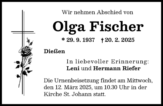 Traueranzeige von Olga Fischer von Ammersee Kurier