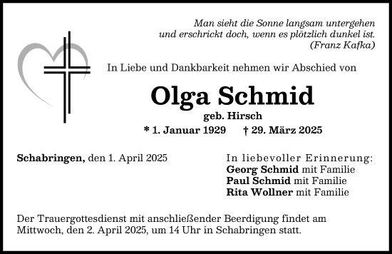 Traueranzeige von Olga Schmid von Donau Zeitung