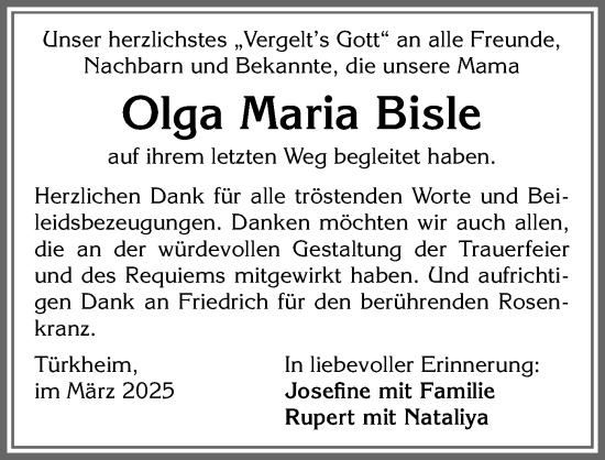 Traueranzeige von Olga Maria Bisle von Mindelheimer Zeitung