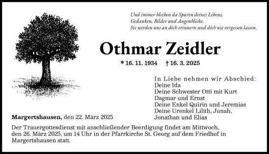 Traueranzeige von Othmar Zeidler von Augsburger Allgemeine