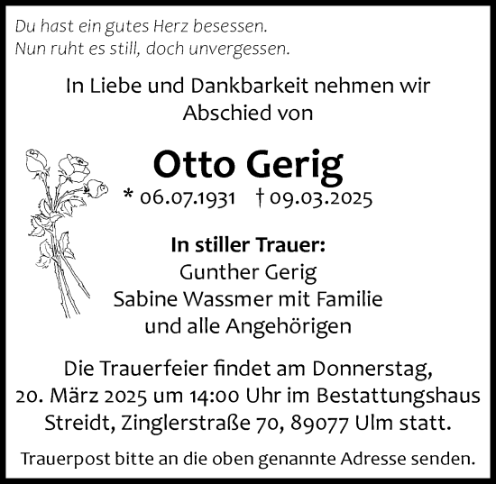 Traueranzeige von Otto Gerig von Augsburger Allgemeine, Neu-Ulmer Zeitung