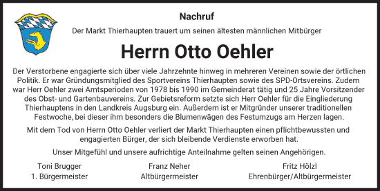 Traueranzeige von Otto Oehler von Augsburg-Land