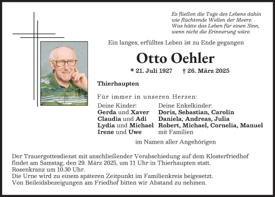 Traueranzeige von Otto Oehler von Augsburg-Land