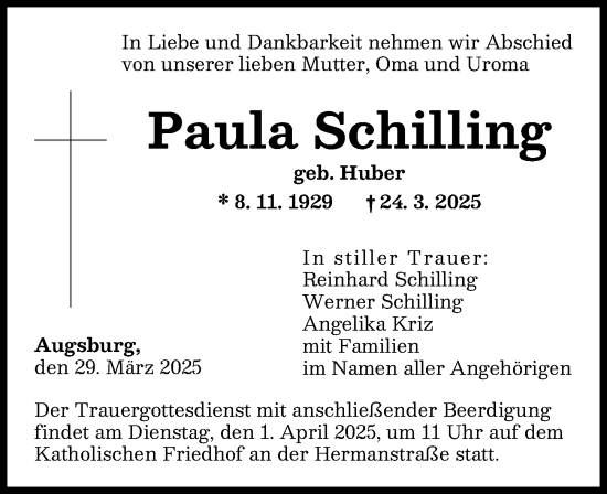 Traueranzeige von Paula Schilling von Augsburger Allgemeine