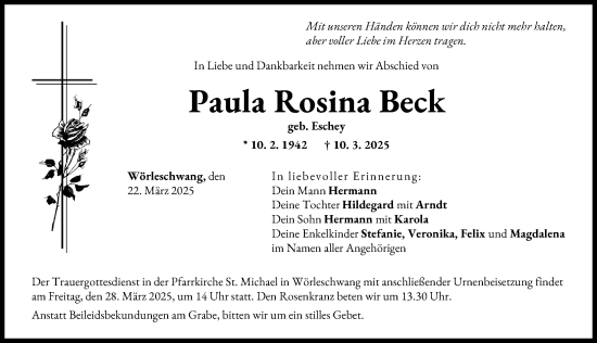 Traueranzeige von Paula Rosina Beck von Augsburg-Land