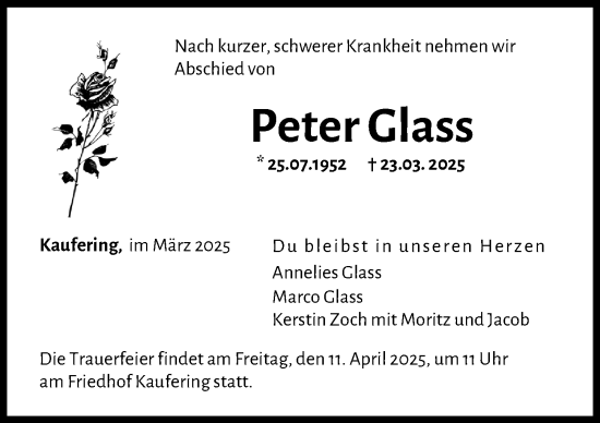 Traueranzeige von Peter Glass von Landsberger Tagblatt