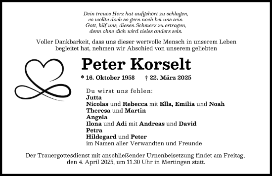 Traueranzeige von Peter Korselt von Donauwörther Zeitung