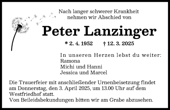 Traueranzeige von Peter Lanzinger von Augsburger Allgemeine