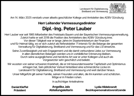 Traueranzeige von Peter Lauber von Mittelschwäbische Nachrichten, Illertisser Zeitung, Neu-Ulmer Zeitung, Günzburger Zeitung, Augsburg-Land