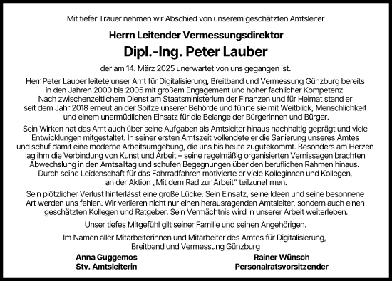 Traueranzeige von Peter Lauber von Mittelschwäbische Nachrichten, Illertisser Zeitung, Neu-Ulmer Zeitung, Günzburger Zeitung, Augsburg-Land