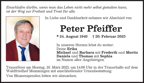 Traueranzeige von Peter Pfeiffer von Mindelheimer Zeitung